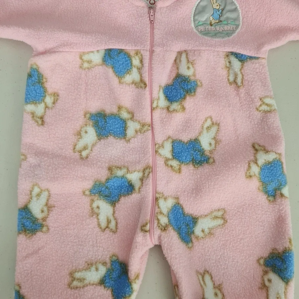 Vintage Beatrix Potter One Piece Baby Newborn Pink Fleece Peter Rabbit Sleeper